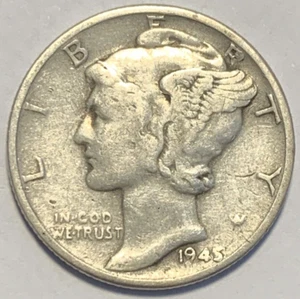 1945 P Quecksilberdime (SEHR GUTER ZUSTAND/F) ~ 90 % Silber ~ Brillant USA Münze ~ D2608 - Bild 1 von 2