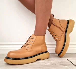 Mujeres Camel Botas al Tobillo con Cordones Gruesas Plataforma Motociclista Combate Cremallera Zapatos Reino Unido 3 - Imagen 1 de 8