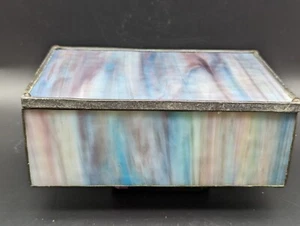 Vtg Purple Slag Stained Glass Mirrored Trinket Box Hand Crafted Signed & Dated - Picture 1 of 14