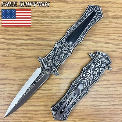 SUPER KNIFE 9" Heavy Duty Spring Assisted Open Blade Folding Embossed Pocket Knife Survive