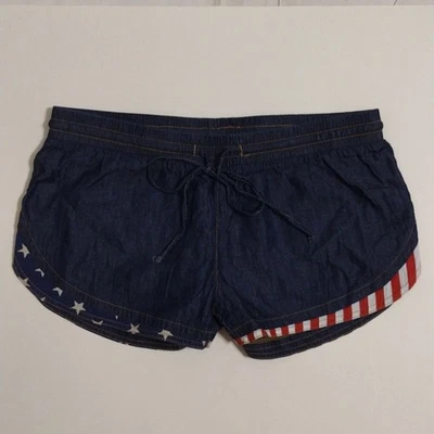 NUEVO Pantalones Cortos de Denim Rue 21 Rayas Rojas y Estrellas Estampado Bandera Americana Talla Mediana Foto 1 de 4