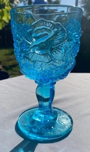 Vintage Fenton Madonna Inn Wild Rose Aqua Blue 6,5 vetro calice acqua LG Wright - Foto 1 di 7
