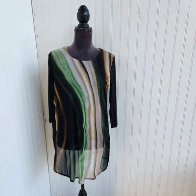 Alfani Stretch Black Green Brown Mesh Long 3/4 Sleeve Blouse Nylon Petite PM - Image 1 of 4