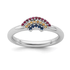 Rhodium Sterling Silver & Gemstone Stackable Rainbow Ring - Picture 1 of 8