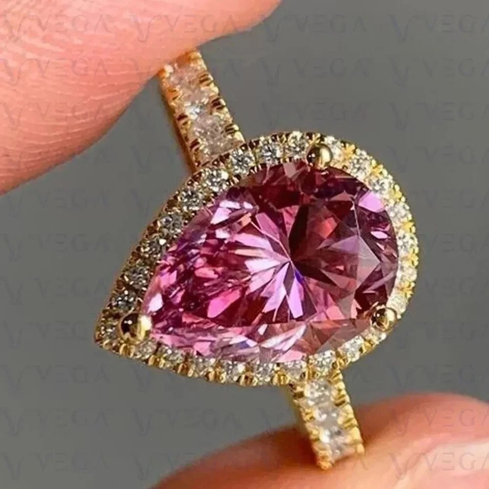 4.35 Ct Pear Cut Pink Sapphire Diamond Halo Engagement Ring 14K Yellow Gold - Image 1 of 4