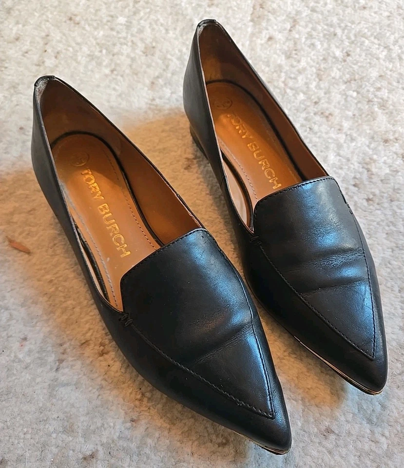 Tory Burch Loafers Flat Shoes Leather Black Gold Logo 74328 5930 Size US 7 - Image 1 of 4