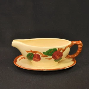 Franciscan Apple Gravy Boat HP Red Green Brown 1940-1947 USA Attached Underplate - Picture 1 of 13