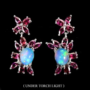 925 Sterling Silver Earrings Oval Fire Opal Rhodolite Natural Gemstone Jewelry - Picture 1 of 13