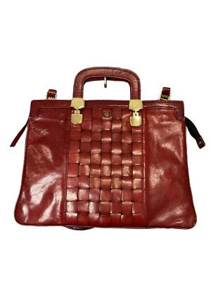 VTG 60S 70S RED LEATHER GOLD WOVEN MOD GOGO HAND SHOULDER BAG - Image 1 of 4