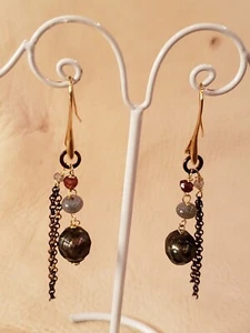 14k Gold Filled 10mm Black Pearl Garnet & Labradorite Dangle Earrings - Picture 1 of 8