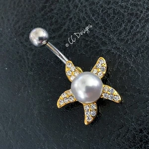 14g faux pearl white sparkle cz gold starfish belly ring (B431) - Picture 1 of 3