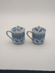 Matching Set Of 2Blue White Porcelain Lidded Tea Cup Butterfly A-1 - Picture 1 of 18