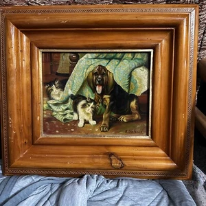 Oil Painting Signed L Jenkins Cats Bloodhound Dog Wood Framed Pet Art - Picture 1 of 13