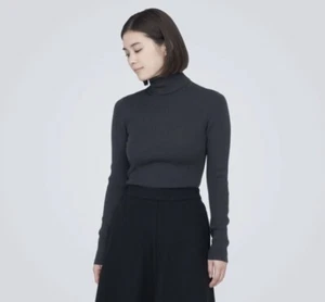Muji Women's Non-Itchy Rib Knit Dark Gray Turtleneck Wool Sweater Size Small - Picture 1 of 6