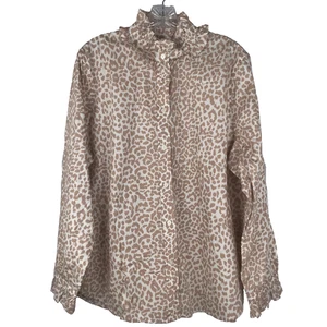 Neu mit Etikett J. Crew klassische Passform Rüschenausschnitt Button-Down-Shirt Gepardenmuster hellbraun Größe 18 - Bild 1 von 12