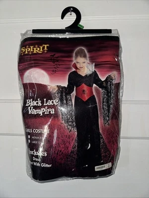 VESTIDO FANTASIA PRETO E VERMELHO VAMPIRA DE RENDA PRETO Grande (12-14) POR ESPÍRITO - Imagem 1 de 4