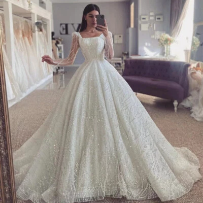 Vestidos de novia de baile de lujo cuello cuadrado con apliques de encaje de lentejuelas vestidos línea A  Foto 1 de 4