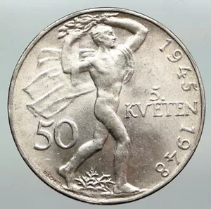 1948 CZECH REPUBLIC Lion & Liberator Man OLD Vintage Silver 50 Korun Coin i92280 - Picture 1 of 3