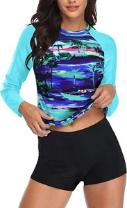 Daci Women's Two Piece Long Sleeve Rash Guard & Boy Shorts Swimsuit - Size: XL - Picture 1 of 3