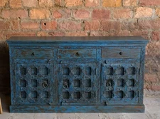 Rustic Old Door Sideboard, Blue Patina Credenza Buffet, Old World Sideboard