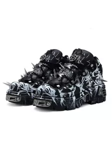 Rindsleder Punk Rock Goth Emo Spiked Tribal Sneaker Chunky Plateau Schuhe Stiefel - Bild 1 von 17