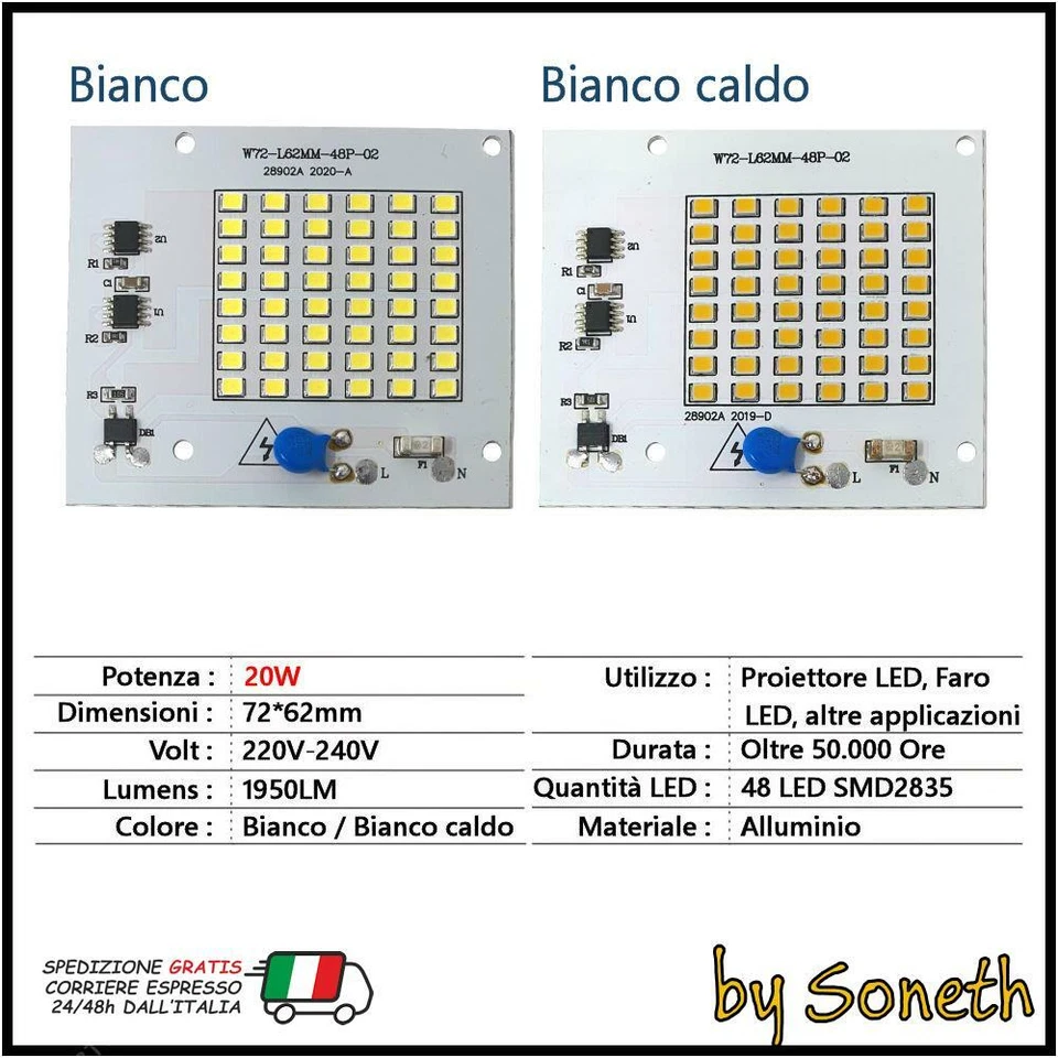 PIASTRA CHIP A LED CON DRIVER 220V PROIETTORE FARO FARETTO 10W 20W 30W 50W 100W - Immagine 1 di 1