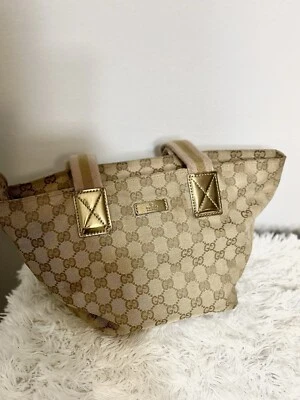GUCCI Canvas Sherry Web Line Tote Bag GG Beige Gold Pink 131228 - Image 1 of 4