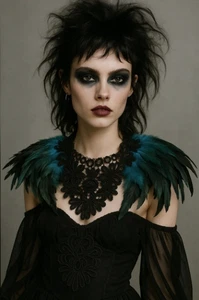 Black Teal Whimsygoth Feather Lace Shoulder Cape Shawl Adjustable Halloween New - Picture 1 of 10