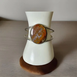 Bracciale vintage sterling con grande pietra di diaspro bombo. Firmato - Foto 1 di 7