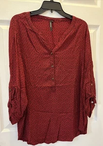 Cathy Women's Size 1X V Neck Henley Roll-Tab 3/4-Sleeve Black/Red Blouse Top - Picture 1 of 5