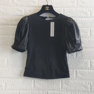 NWT Alice+Olivia Puff Sleeve Top Leather Mixed Material - Picture 1 of 12