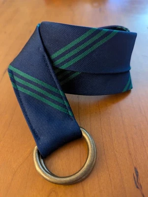 Cinturón J Crew Seda Anillo en D Azul Marino Y Verde Rayas M/L 44" Foto 1 de 3