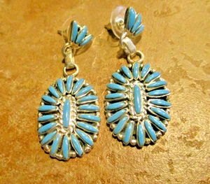 1.75" Contemporary Navajo Sterling Silver PETIT POINT Turquoise Dangle Earrings - Picture 1 of 9