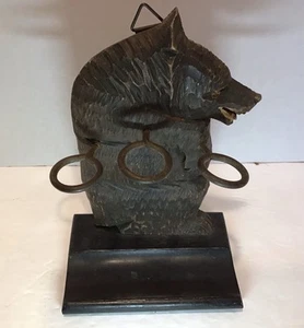 Antique Vintage Black Forest Pipe Holder Carved Bear W/Label And 2 Pipes - Picture 1 of 13