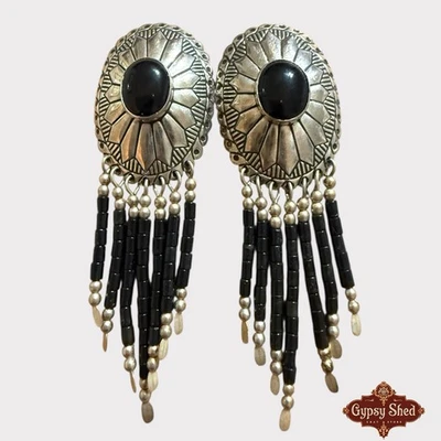 Pendientes de Colección Nativo Americano TK Suroeste Negro Ónix Concho Tubo Cuentas Flecos Foto 1 de 4