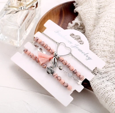 Ladies Girls Multi layer Pink Bracelet Bangle Set With Shell & Turtle Pendant - Image 1 of 4