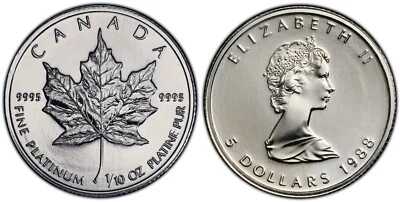 Moneda Hoja de Arce Canadá $5 Platino 1988 1/10 OZ, Primer Año de Emisión, RCM Sellada Foto 1 de 4
