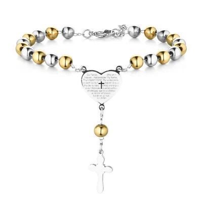 Brazalete colgante cruz bíblica acero inoxidable con cuentas de corazón para mujer Foto 1 de 4