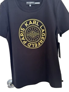 KARL LAGERFELD Paris Women's Gold Crest Logo T-Shirt Black Size XS - Picture 1 of 4