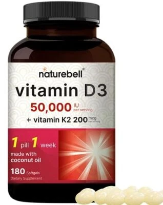 Vitamina D3 50000iu+K2 Fuerza Máxima para Hueso Corazón Apoya Inmune 180 Cápsulas Blandas Foto 1 de 4