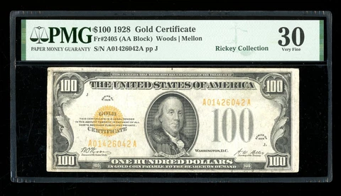 DBR 1928 $100 Gold Certificate Fr. 2405 PMG 30 Serial A01426042A Cover