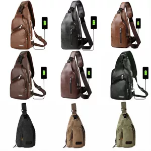 Borsa a tracolla uomo in pelle PU con cavo di ricarica USB viaggio sport - Foto 1 di 54