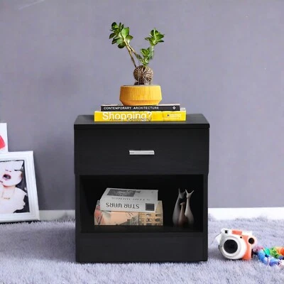 Drawers Nightstand Storage Wood End Table Bedside Organizer Modern Black - Image 1 of 4