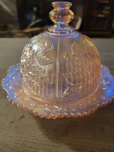 1973-1981 Lenox Imperial Pink Carnival Glass Open Rose Butter Cheese Dish - Picture 1 of 5