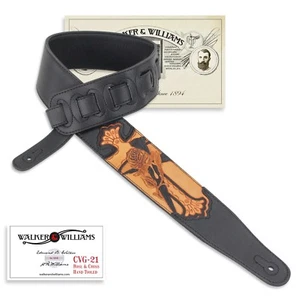 Walker & Williams CVG-21 Black Padded Christian Guitar Strap Carved Rose & Cross - Picture 1 of 6
