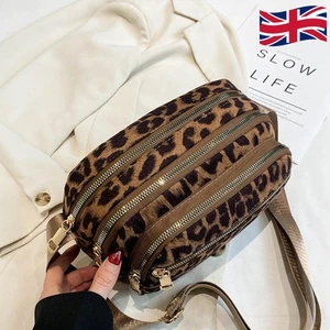 Women Suede Leather Camera Shoulder Bag Leopard Print Crossbody Work Bag (Khaki) - Picture 1 of 8