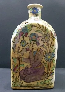 Vintage Antique 1800s Iznik Persian Man Hand Painted Pottery Ceramic Bottle Vase - Picture 1 of 9