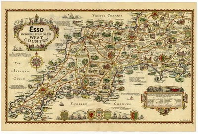 1930s Map PICTORIAL PLAN West Country DEVON Cornwall SOMERSET Dorset WILTS Coast - Image 1 of 4
