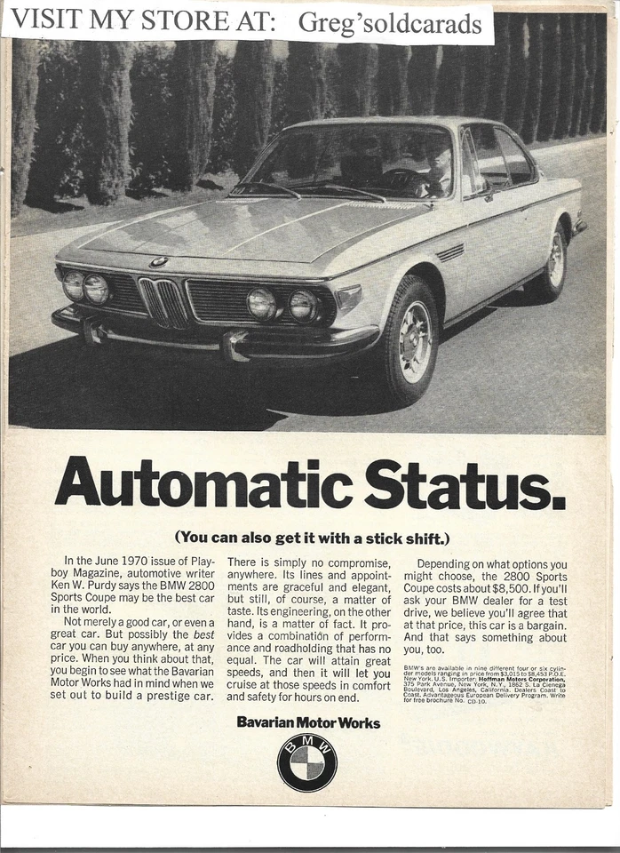 BMW 2800 1971 cupé deportivo original anuncio impreso vintage: "Estados automáticos". Foto 1 de 1