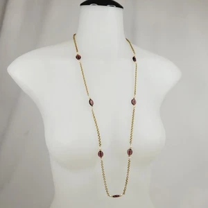 Vintage Avon Long Station Necklace Gold Tone Faux White Pearl Purple Beads Layer - Picture 1 of 8